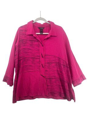 Ali Miles Womens Top Sz 1X Plus Pink/Black Textured Artsy Modern Comfy ButtonUp